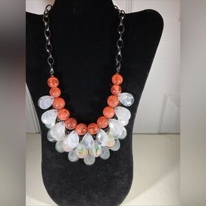 Coral Bead Statement Necklace Layered with Iridescent Faceted Teardrops